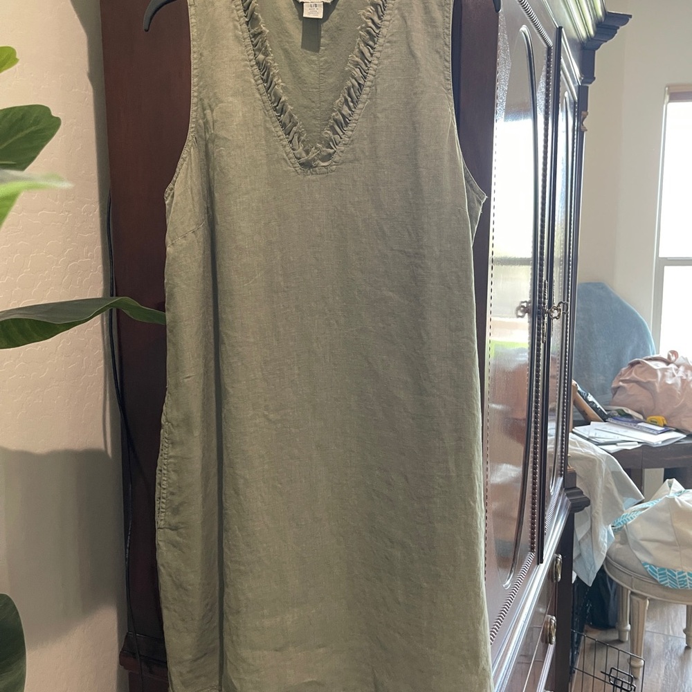 Tommy Bahama Linen Olive Green Two Palms Ruffle V-Neck Shift Dress